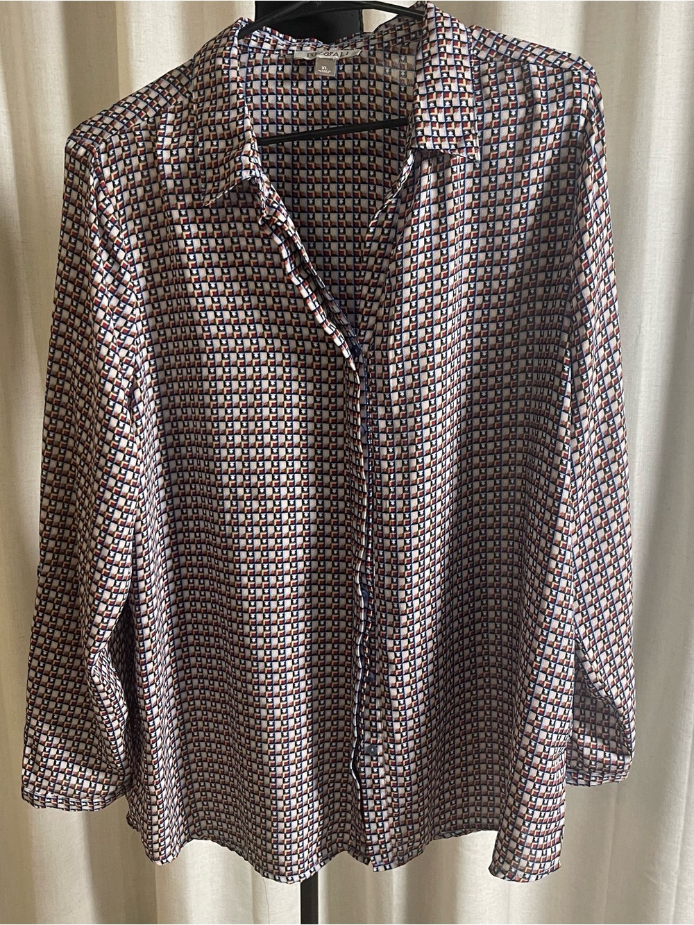 Roz & Ali Navy, White and Tan Geometric Button-Down Blouse